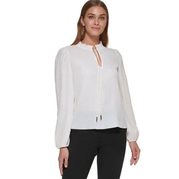 DKNY Women's Mock-Turtleneck Tie Off White Long-Sleeve Top NWT - Picture 1 of 6